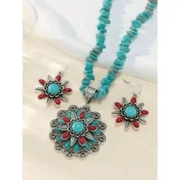 Silver Turquoise Coral Flower Necklace & Earring Set - Picture 2 of 3